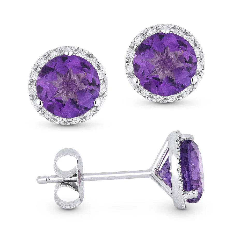 14K White Gold Amethyst and Diamond Halo Stud Earrings