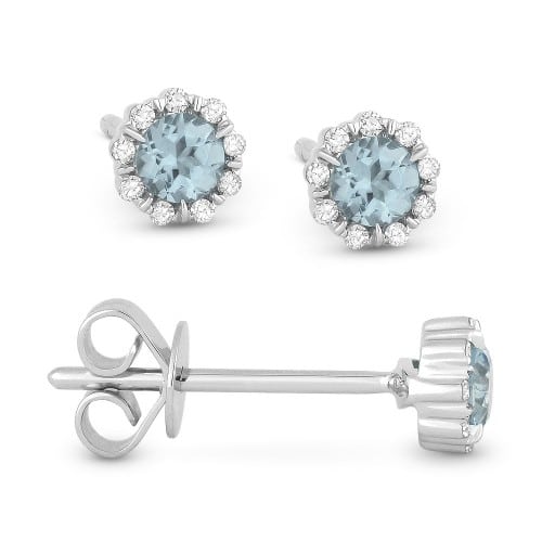 14K White Gold Aquamarine Stud Earrings with Accent Diamonds by Madison L