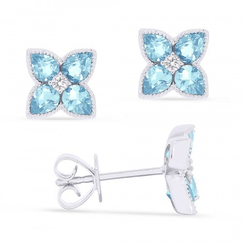 14K White Gold Blue Topaz Flower Stud Earrings with Accent Diamonds by Madison L