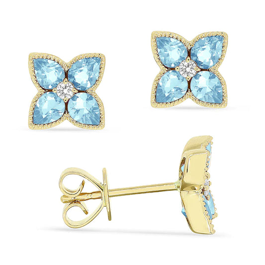 14K Yellow Gold Blue Topaz Flower Stud Earrings with Accent Diamonds by Madison L