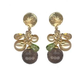 14K Yellow Gold Dangle Earrings with Freshwater Pearls, Peridot, and Quartz by Cherie Dori