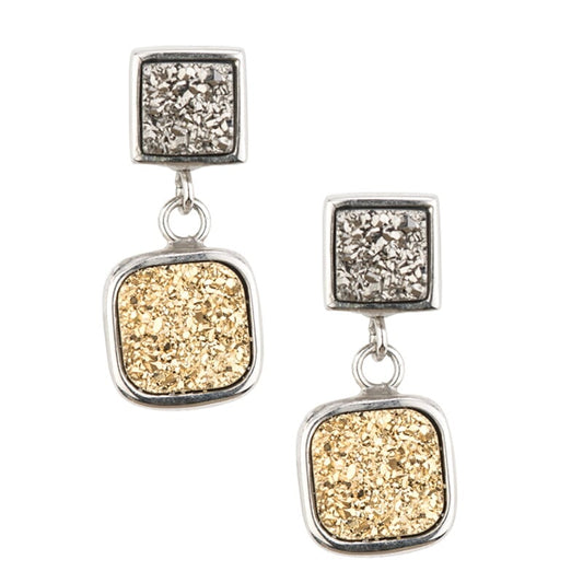 Sterling Silver Lightning & Golden Drusy Coated Square Earrings by Frederic Duclos