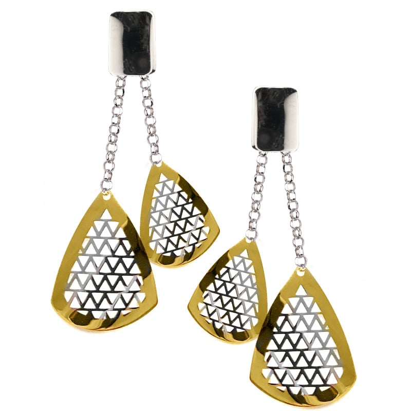 Sterling Silver and Yellow Gold Plated Triangle Grid Earrings by Frederic Duclos