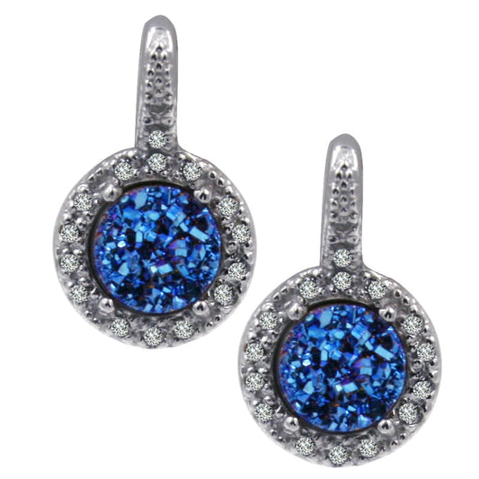 Sterling Silver Blue  Drusy and White Topaz Frame Circle Earrings by Frederic Duclos