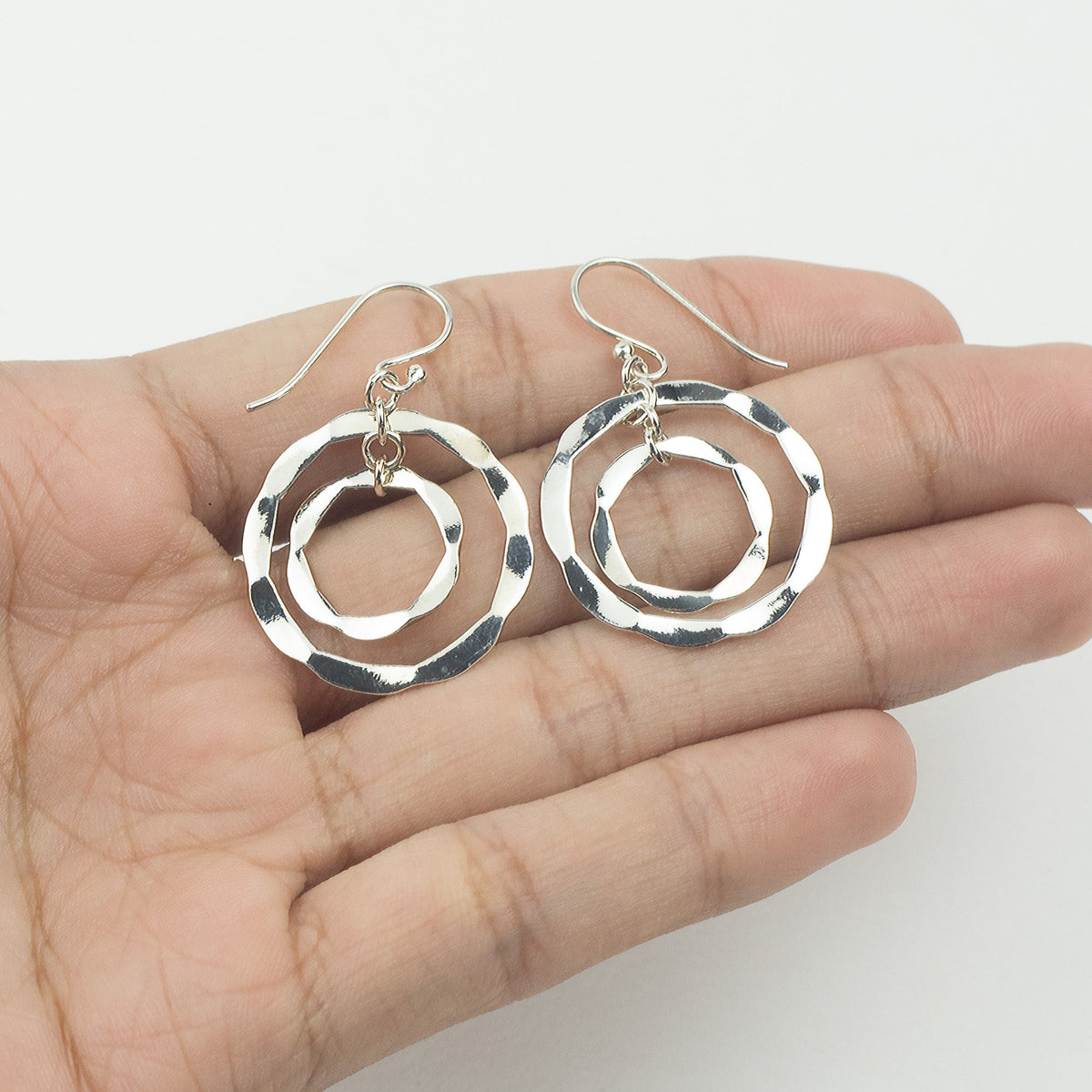 Sterling Silver Wavy Texture Double Circle Dangle Earrings