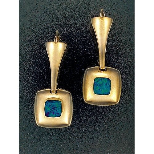 14K Yellow Gold Square Opal Dangle Earrings by John Bagley