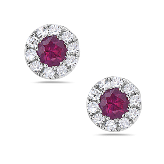 14K White Gold Ruby and Diamond Halo Earrings