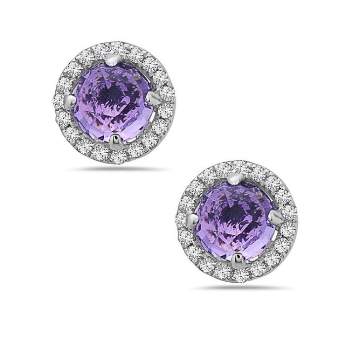 14K White Gold Amethyst and Diamond Halo Earrings by Bassali