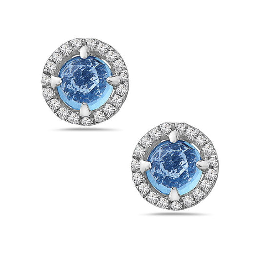 14K White Gold Blue Topaz and Diamond Halo Earrings by Bassali