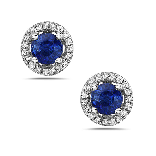 14K White Gold Round Sapphire and Diamond Halo Earrings by Bassali