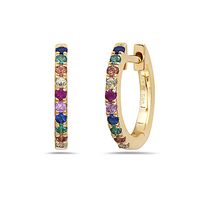 14 Karat Yellow Gold Rainbow Sapphires and Emerald Earrings