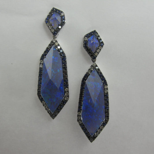 14K White Gold Opal Earrings with White and Black Diamonds and Sapphires by Bassali