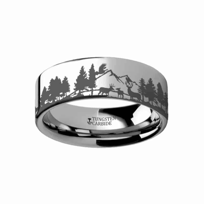 Animal Landscape Scene Reindeer Deer Stag Mountain Range Ring Engraved Flat Tungsten Ring 6mm by Thorsten