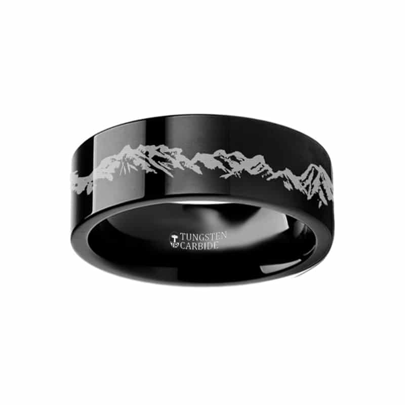 Peaks Mountain Range Outdoors Landscape Ring Engraved Flat Black Tungsten Ring 6mm by Thorsten