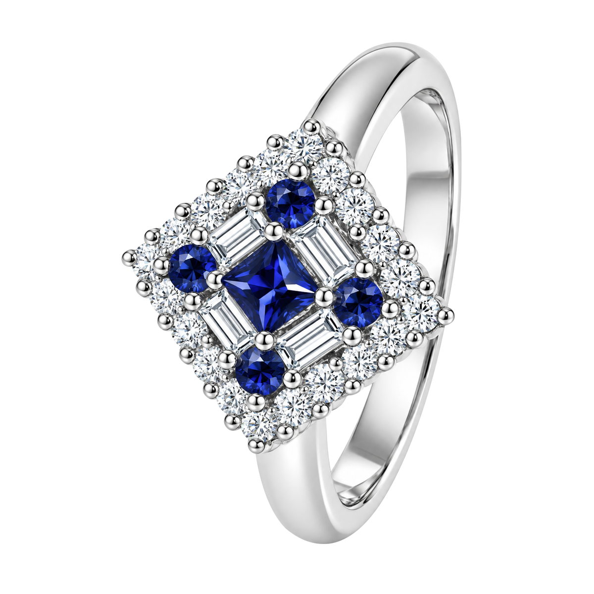 18K White Gold Square Sapphire & Diamond Ring