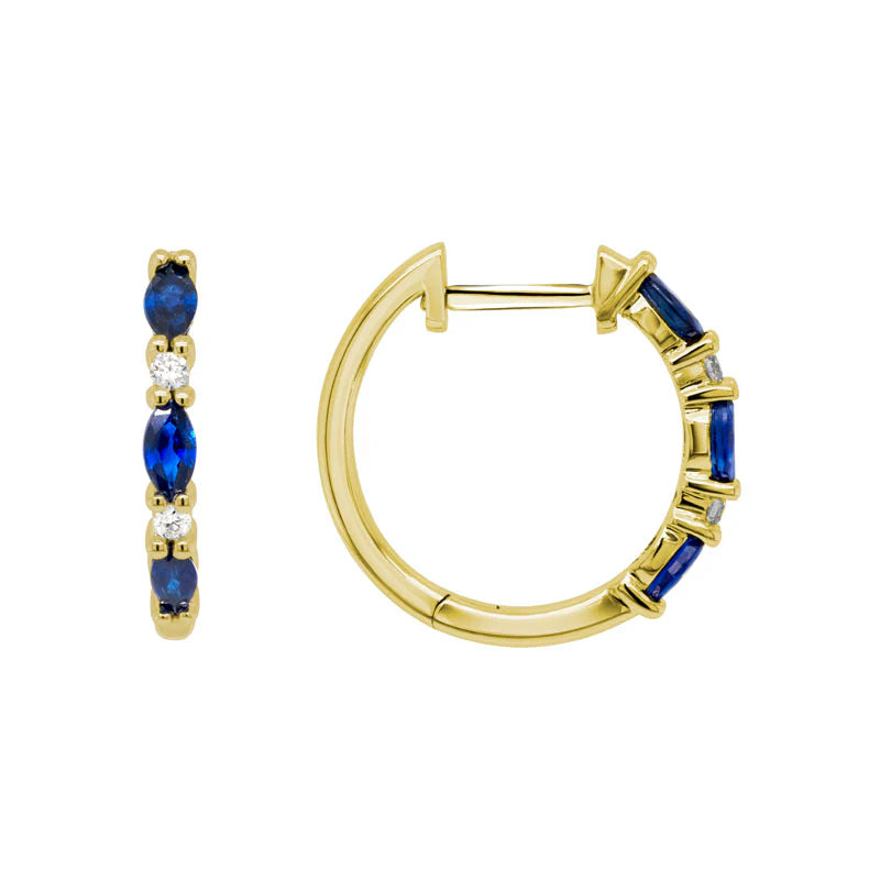 14K Yellow Gold Blue Sapphire and Diamond Huggies