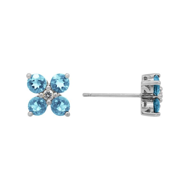 14K White Gold Swiss Blue Topaz and Diamond Four-Petal Flower Studs