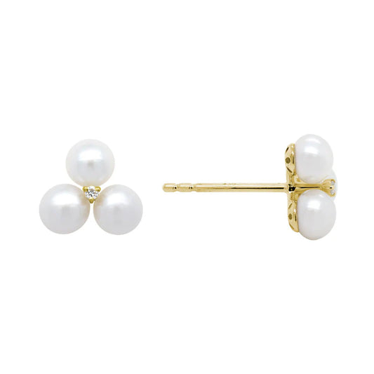 14K Yellow Gold Three Petal Flower Freshwater Pearl Studs with Center Diamond