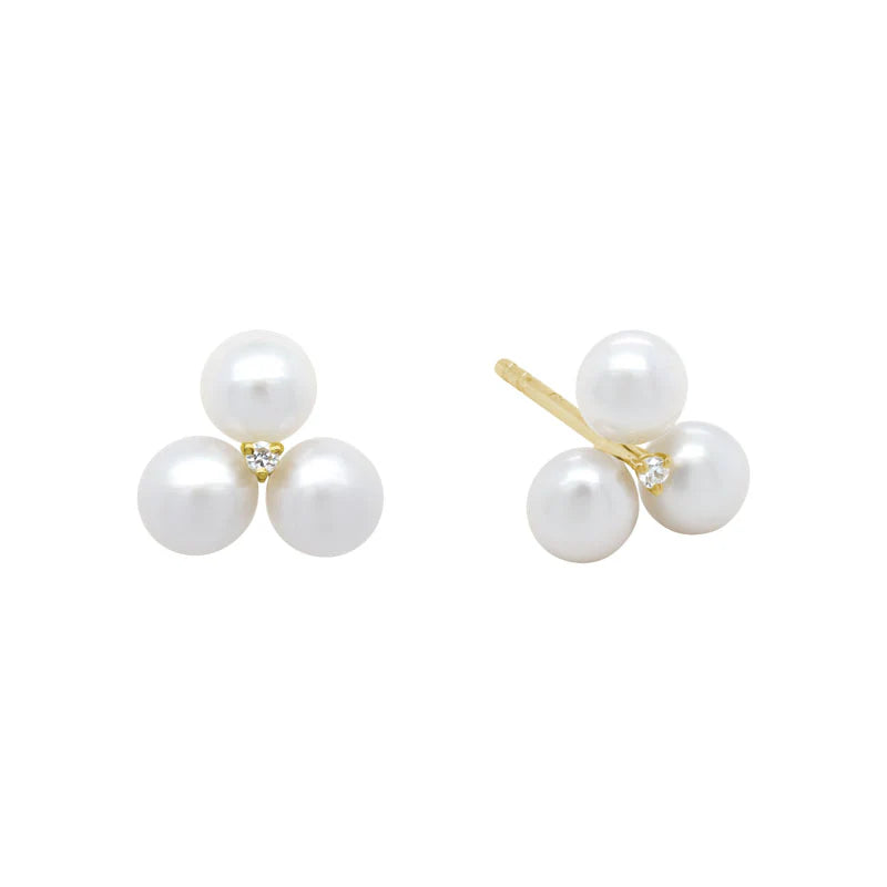 14K Yellow Gold Three Petal Flower Freshwater Pearl Studs with Center Diamond