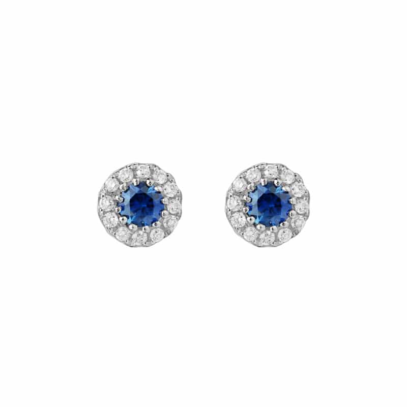 14K White Gold Sapphire Stud Earrings with Surrounding Diamonds by The Little Jewel