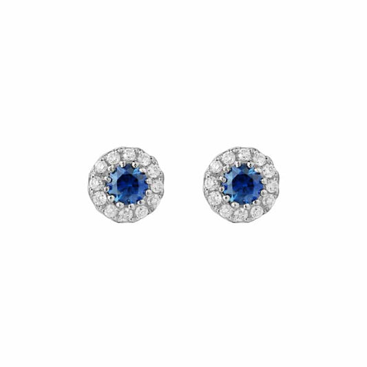 14K White Gold Sapphire Stud Earrings with Surrounding Diamonds by The Little Jewel