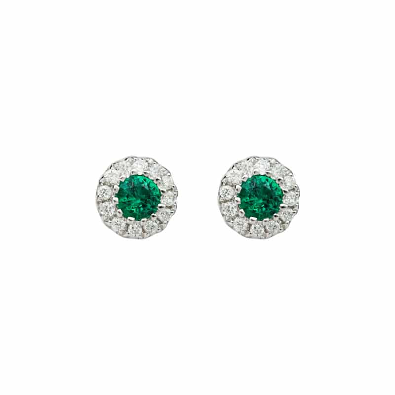 14K White Gold Emerald Stud Earrings with Surrounding Diamonds by The Little Jewel