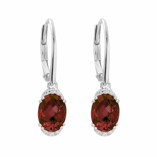 14K White Gold Oval Garnet Hinged Dangle Earrings with Diamonds by The Little Jewel
