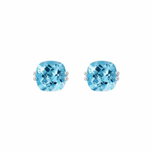 14K White Gold Cushion Cut Blue Topaz Stud Earrings by The Little Jewel