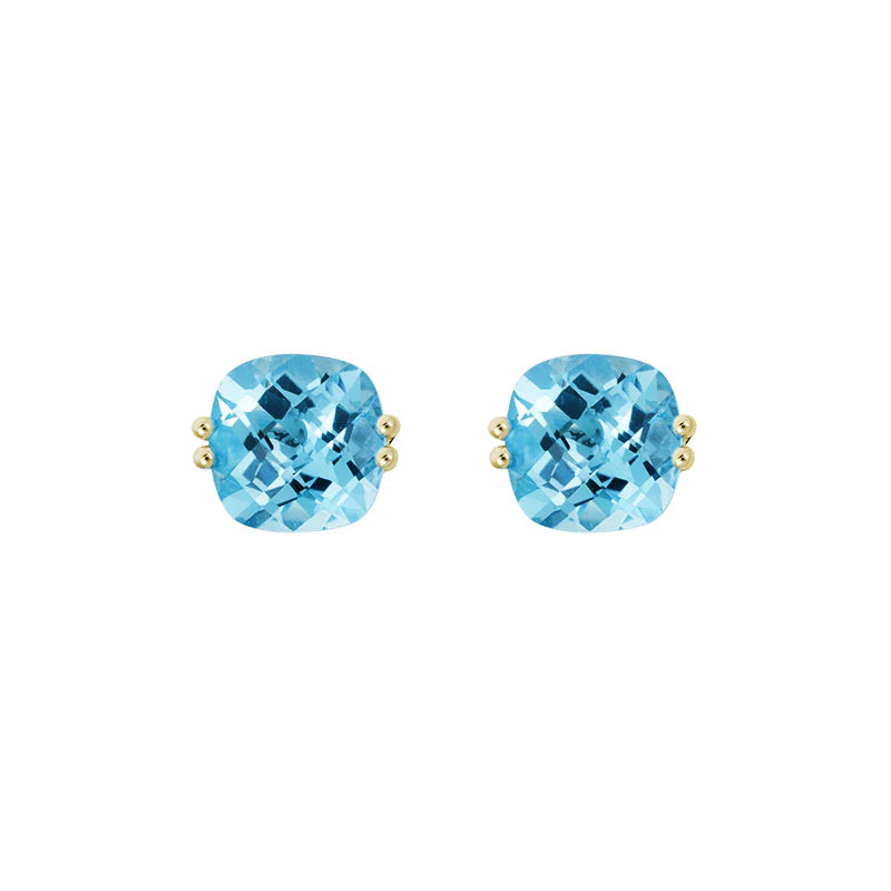 14k Yellow Gold Cushion Cut Blue Topaz Stud Earrings