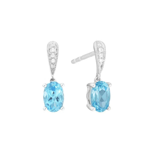 14K White Gold Swiss Blue Topaz Drop Earrings with Diamonds
