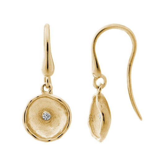 14K Yellow Gold Brushed Concave Disc Diamond Dangle Earrings by The Little Jewel