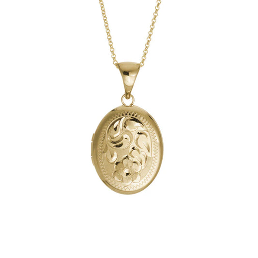 14K Yellow Gold Engraved Locket with Chain