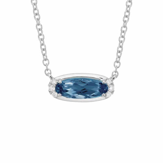 14K White Gold Oval London Blue Topaz Necklace with Diamonds by The Little Jewel