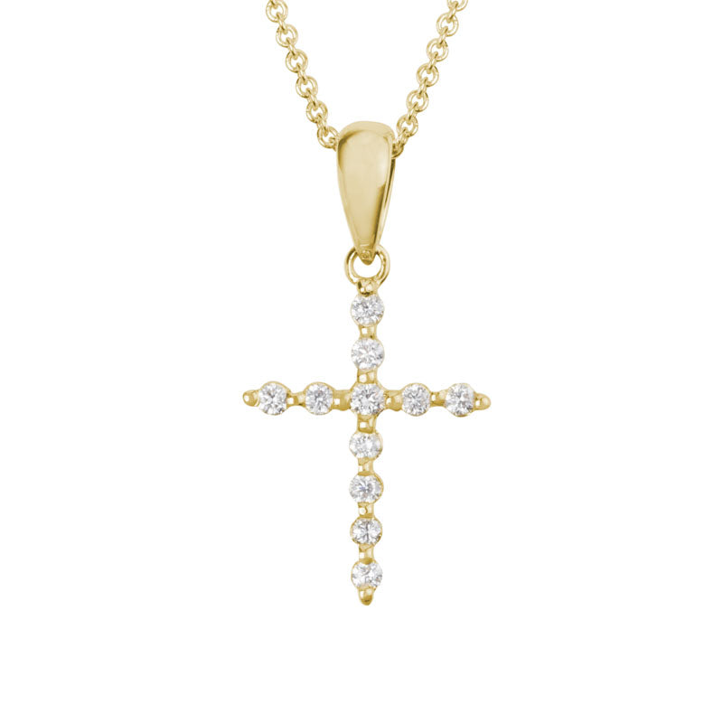 14K Yellow Gold Cross Necklace with 11 Diamonds