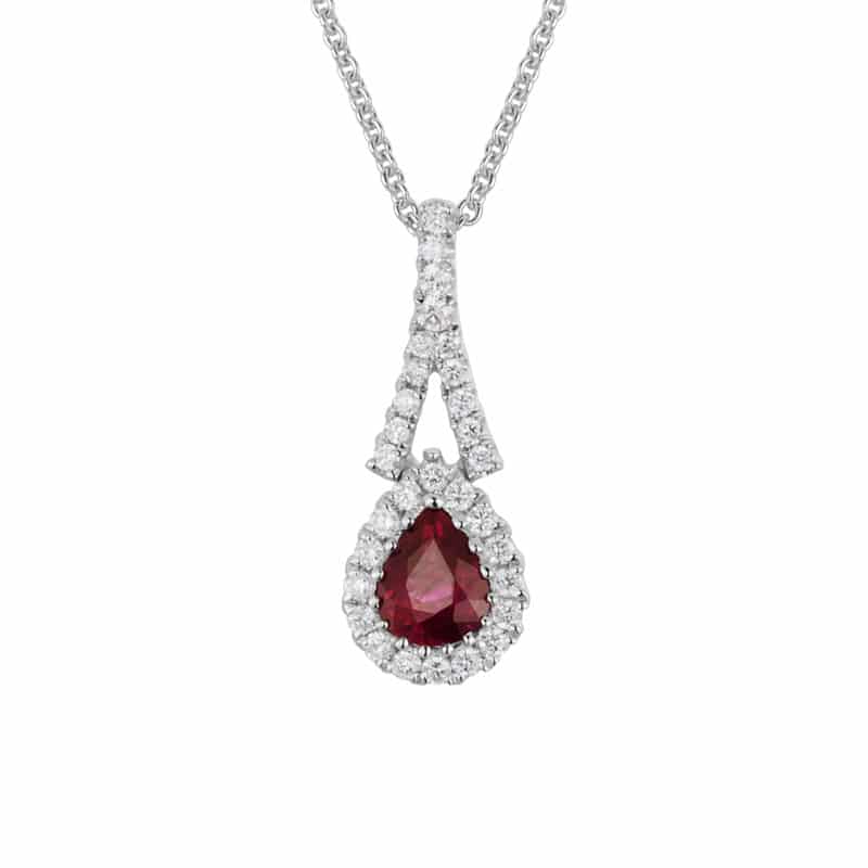 14K White Gold Pear Shaped Ruby and Diamond Pendant with Necklace by The Little Jewel