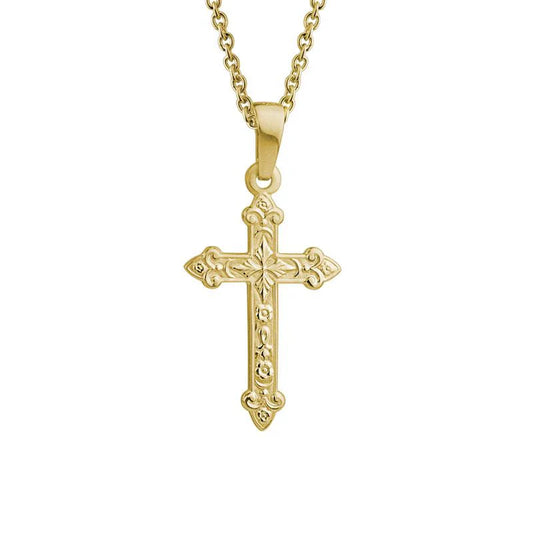 14K Yellow Gold Engraved Cross with Chain