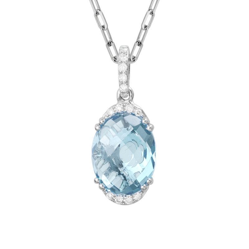 14K White Gold Oval Aquamarine and Diamond Necklace by The Little Jewel