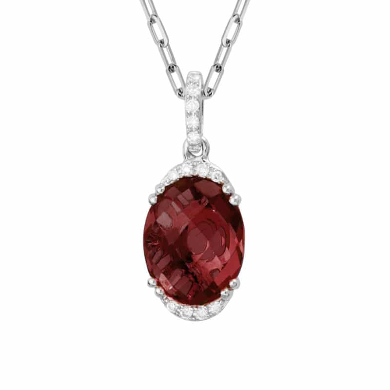 14K White Gold Oval Garnet Necklace with Diamonds by The Little Jewel