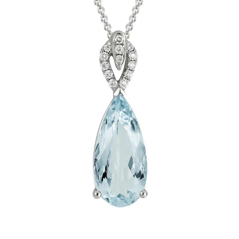 14K White Gold Pear Shaped Aquamarine Pendant and Chain with Diamond Bail