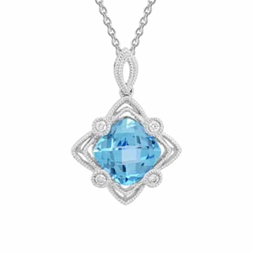 14K Yellow Gold Blue Topaz Filigree Pendant with Diamonds by The Little Jewel