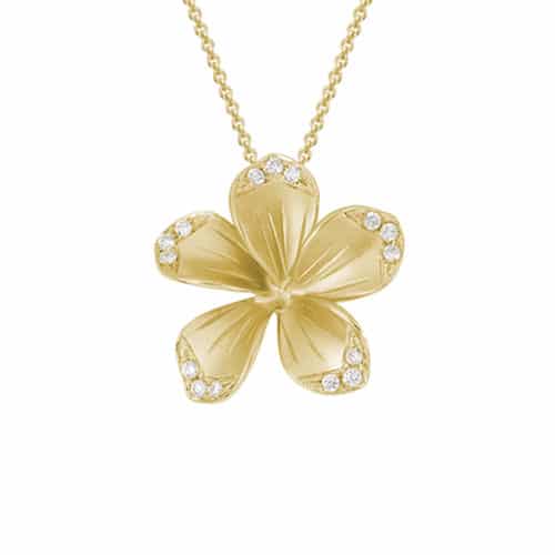 14K Yellow Gold Plumeria Flower Diamond Necklace by The Little Jewel