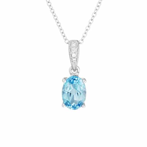 14K White Gold Oval Blue Topaz and Diamond Pendant and Necklace by The Little Jewel