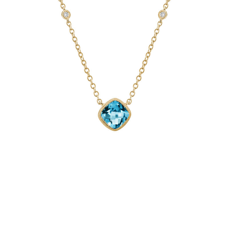 14K Yellow Gold Swiss Blue Topaz Stationary Pendant on Necklace with Diamonds