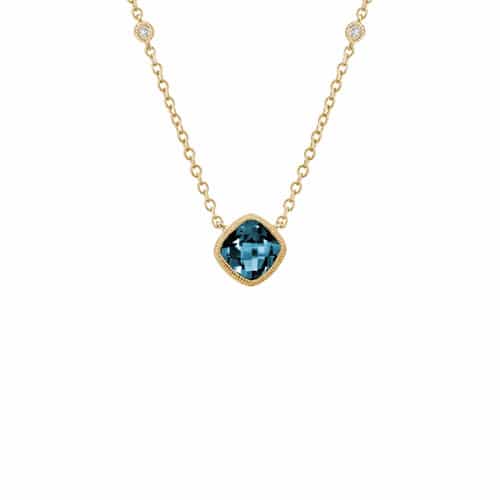 14K Yellow Gold London Blue Topaz and bezel set Diamond Necklace by The Little Jewel