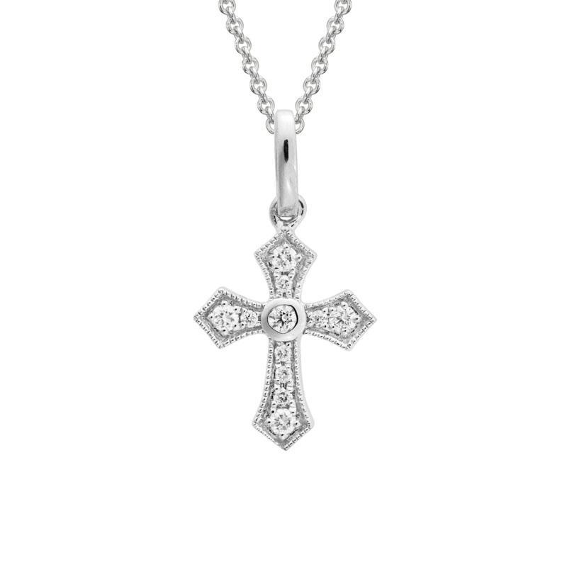 14K White Gold Diamond Cross with Miligrain Edges by The Little Jewel