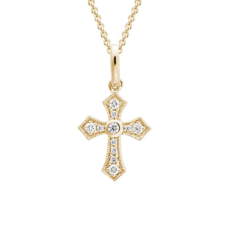 14K Yellow Gold Diamond Cross with Milgrain Edges