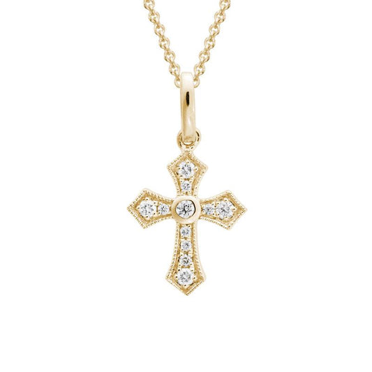 14K Yellow Gold Diamond Cross with Milgrain Edges
