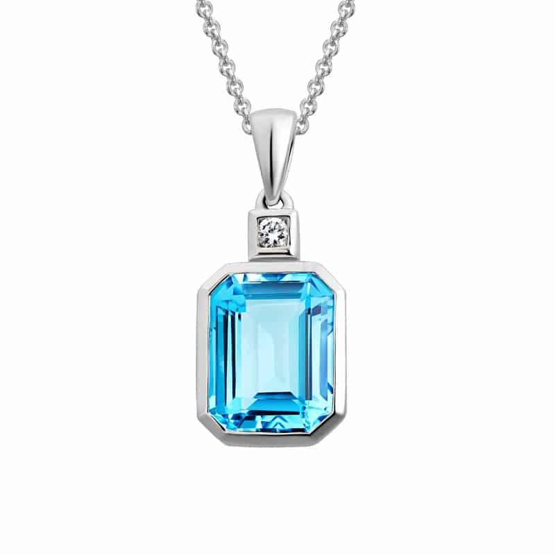 14K White Gold Emerald Cut Blue Topaz Necklace with Diamond by The Little Jewel