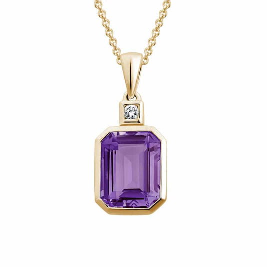 14K Yellow Gold Emerald Cut Amethyst Necklace with Diamond by The Little Jewel