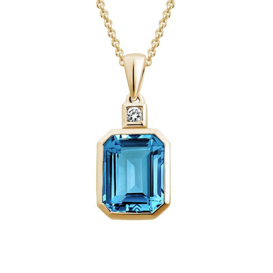 14K Yellow Gold Emerald Cut London Blue Topaz Necklace with Diamond by The Little Jewel